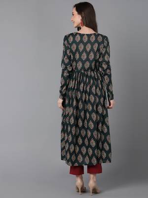 women green cotton ethnic motifs printed anarkali kurta 4