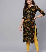 women black rayon blend floral printed straight kurta