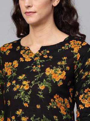women black rayon blend floral printed straight kurta 2