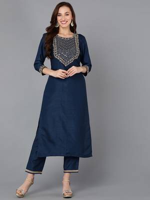 women navy blue silk blend solid embroidered straight kurta 1