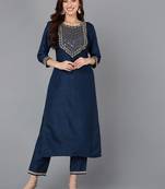 women navy blue silk blend solid embroidered straight kurta