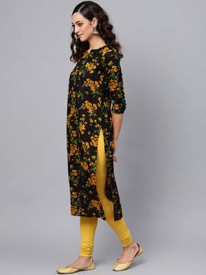 women black rayon blend floral printed straight kurta 3