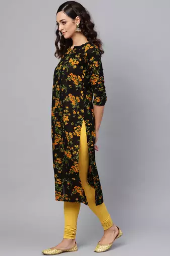 women black rayon blend floral printed straight kurta