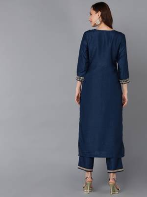 women navy blue silk blend solid embroidered straight kurta 4