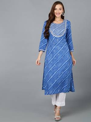 women blue cotton leheriya embroidered straight kurta 1