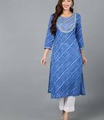 women blue cotton leheriya embroidered straight kurta