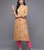 women yellow cotton blend floral printed straight kurta