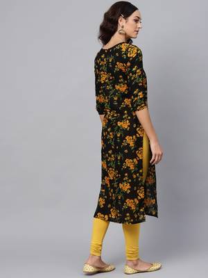 women black rayon blend floral printed straight kurta 4