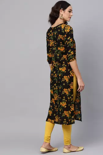 women black rayon blend floral printed straight kurta