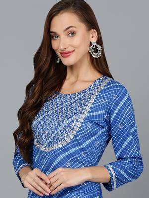 women blue cotton leheriya embroidered straight kurta 2