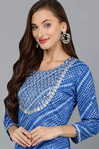 women blue cotton leheriya embroidered straight kurta