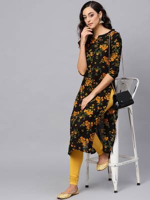 women black rayon blend floral printed straight kurta 5
