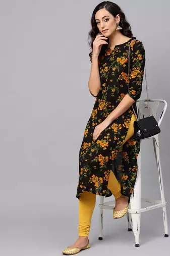 women black rayon blend floral printed straight kurta