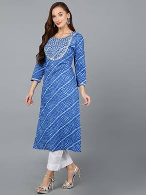 women blue cotton leheriya embroidered straight kurta 3
