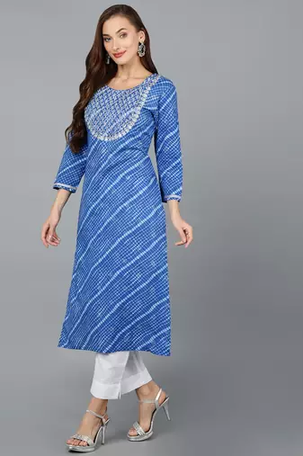 women blue cotton leheriya embroidered straight kurta