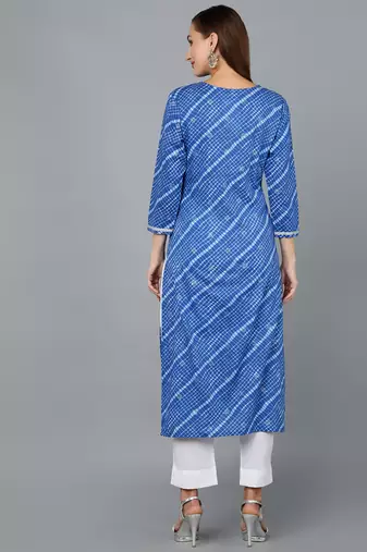women blue cotton leheriya embroidered straight kurta