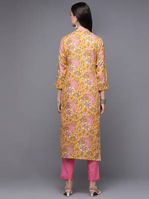 women yellow cotton blend floral printed straight kurta 4