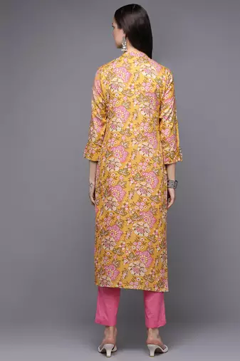 women yellow cotton blend floral printed straight kurta