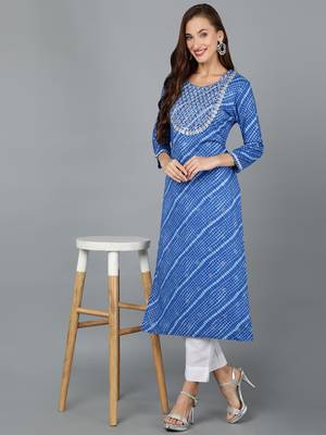 women blue cotton leheriya embroidered straight kurta 5