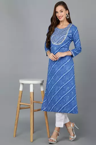 women blue cotton leheriya embroidered straight kurta