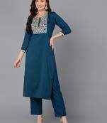 women teal silk blend solid embroidered straight kurta