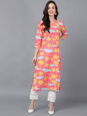 women pink poly silk floral printed straight kurta 1
