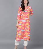 women pink poly silk floral printed straight kurta