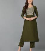 women olive silk blend solid embroidered straight kurta