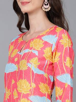 women pink poly silk floral printed straight kurta 2