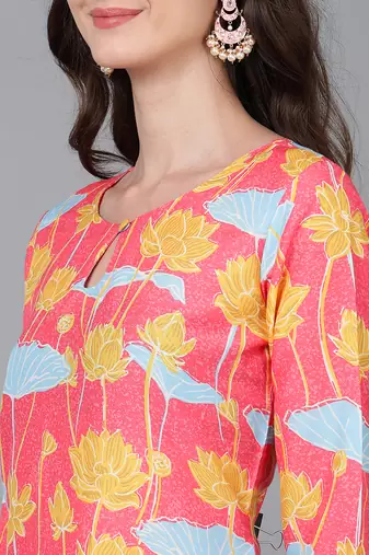 women pink poly silk floral printed straight kurta