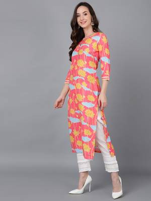 women pink poly silk floral printed straight kurta 3