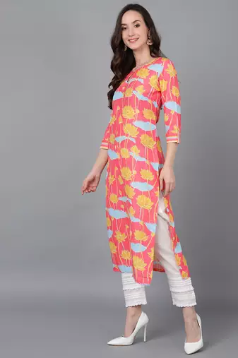 women pink poly silk floral printed straight kurta