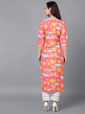 women pink poly silk floral printed straight kurta 4