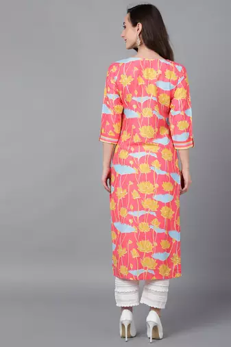 women pink poly silk floral printed straight kurta