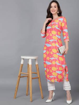 women pink poly silk floral printed straight kurta 5