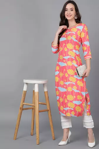 women pink poly silk floral printed straight kurta