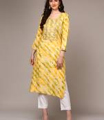 women yellow viscose rayon leheriya embroidered straight kurta