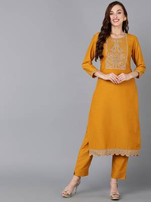 women mustard silk blend solid embroidered straight kurta 1