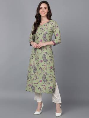 women green silk floral printed straight kurta 1