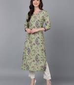 women green silk floral printed straight kurta