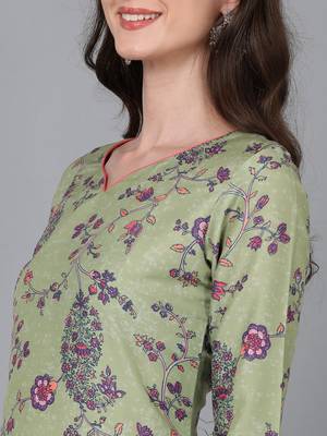 women green silk floral printed straight kurta 2
