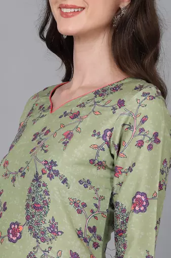 women green silk floral printed straight kurta