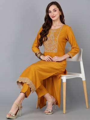women mustard silk blend solid embroidered straight kurta 2
