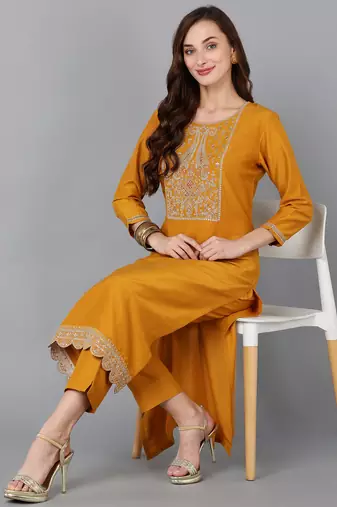women mustard silk blend solid embroidered straight kurta