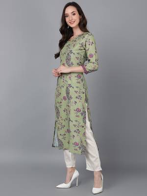 women green silk floral printed straight kurta 3