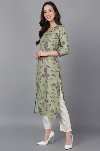 women green silk floral printed straight kurta