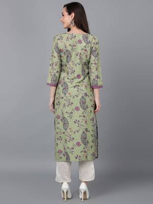 women green silk floral printed straight kurta 4