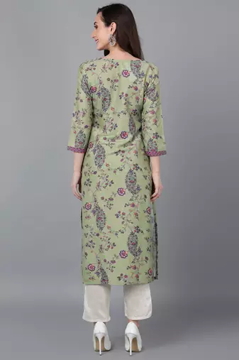 women green silk floral printed straight kurta