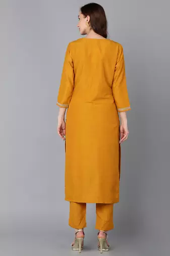 women mustard silk blend solid embroidered straight kurta