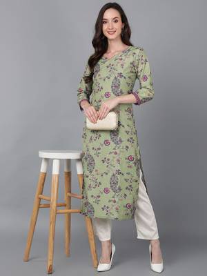 women green silk floral printed straight kurta 5